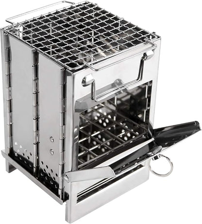REDCAMP Wood Burning Folding Camp Stove Stainless Steel Grid, Portable Collapsible Backpacking Stove Survival Rocket Stove for Hiking Outdoor Tent Camping Picnic BBQ, Samll
