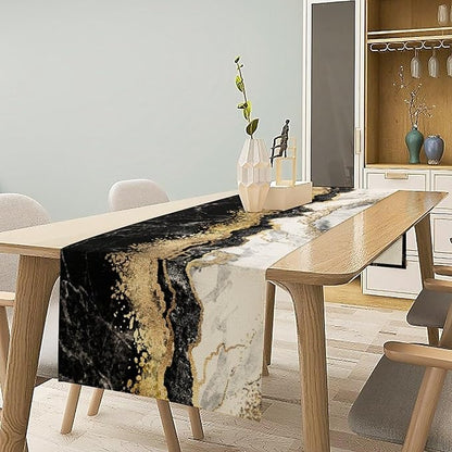Marble Table Runner, Ink Golden Marble Texture Table Runner for Kitchen Wedding Farmhouse Indoor Outdoor Home Party 13x108in