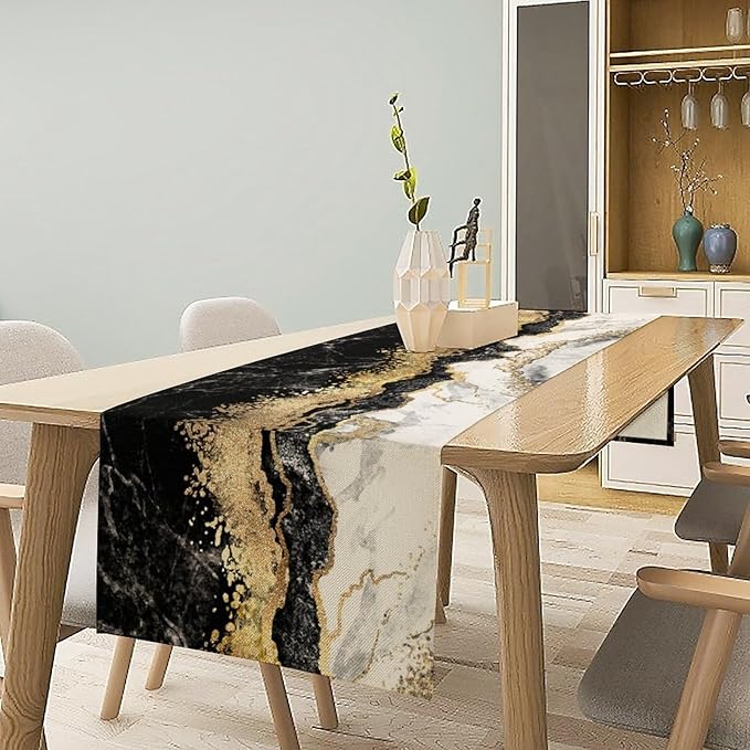 Marble Table Runner, Ink Golden Marble Texture Table Runner for Kitchen Wedding Farmhouse Indoor Outdoor Home Party 13x60in
