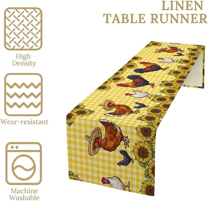 Farm Rooster Table Runner, Retro Western Farmhouse Chicken Sunflower Retro Yellow Buffalo Grid Print Table Runner for Dinning Holiday Party Indoor Outdoor Decor, 13x108inch