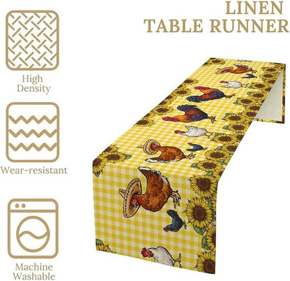 Farm Rooster Table Runner, Retro Western Farmhouse Chicken Sunflower Retro Yellow Buffalo Grid Print Table Runner for Dinning Holiday Party Indoor Outdoor Decor, 13x108inch