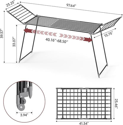 APEXCHASER Clothes Drying Rack Foldable, Large Drying Rack for Clothing Retractable, Winged Laundry Rack Folding Indoor Outdoor, Metal Clothes Airer for Bedding Towel Sweater Heavy Duty, Black