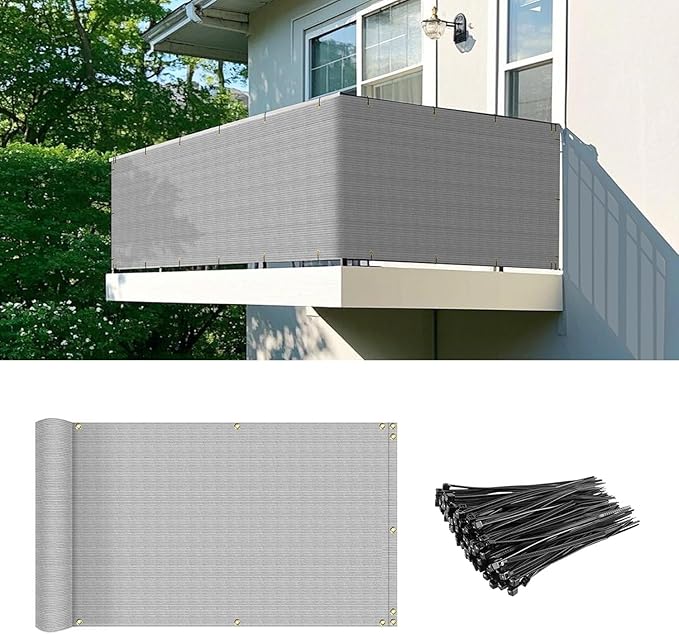 2.5' x 257' Balcony Privacy Screen Fence Cover with Zip Ties Grommets for Apartment Patio Porch Deck Backyard Outdoor (Gray)