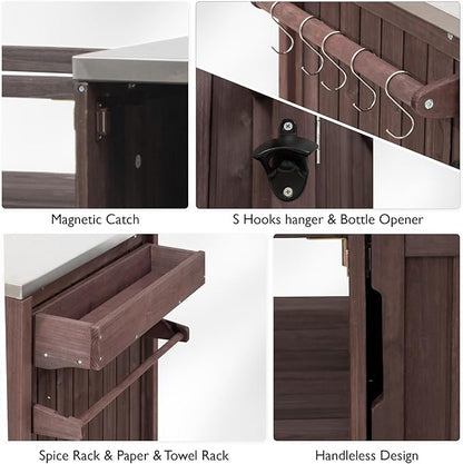 66.5" Outdoor Kitchen Island with Stainless Steel Top for Big Green Egg, Rolling Grill Cart with Adjustable Shelves, Lockable Wheels, Outdoor Table and Bar Storage Cabinet for Patio