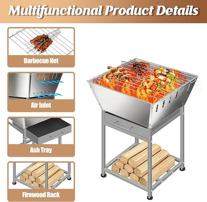 Stainless Steel Inch Square Wood Fire Pit with Grill, 2-in-1 Outdoor Firepit with Ash Pan and Wood Storage, Portable for Backyard, Patio, Camping Use