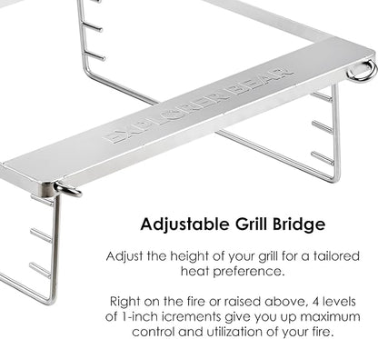Explorer Bear 20" Stainless Steel Foldable Takibi Fire & Grill with Carrying Bag, Bridge, and Coal Bed | Portable Wood Burning Grill and Fire Pit | Perfect for Camping, Outdoors, Patios