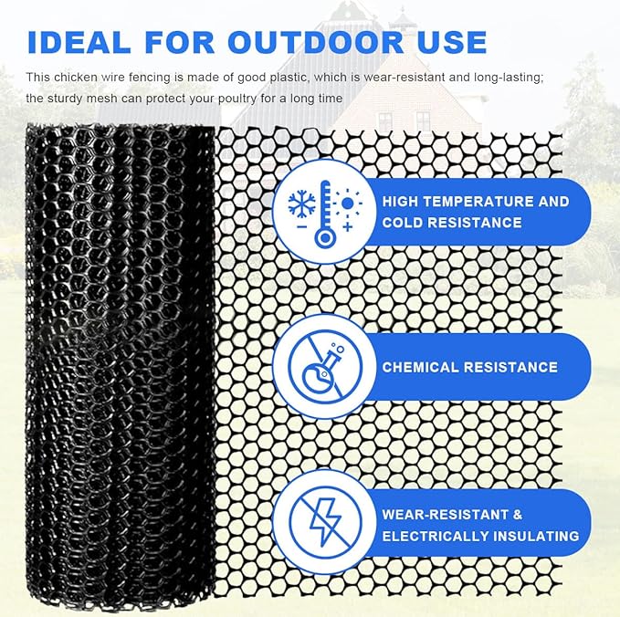 Plastic Chicken Wire Mesh Fence Roll with Zip Ties,15.7inx32.8ft Black,Chicken Wire Fencing,Garden Fence Animal Barrier for Dogs, Cats & Poultry,Easy Install