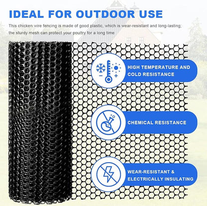 Plastic Chicken Wire Mesh Fence Roll with Zip Ties,15.7inx32.8ft Black,Chicken Wire Fencing,Garden Fence Animal Barrier for Dogs, Cats & Poultry,Easy Install