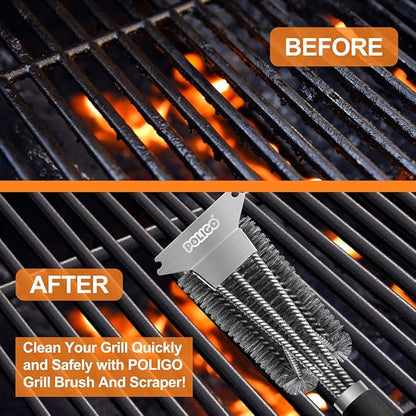 POLIGO Safe Grill Brush and Scraper with Deluxe Handle - 18" Grill Cleaner Brush Stainless Steel Bristle Grill Brush for Outdoor Grill Wizard Grate - BBQ Brush for Grill Cleaning Ideal Grilling Gifts