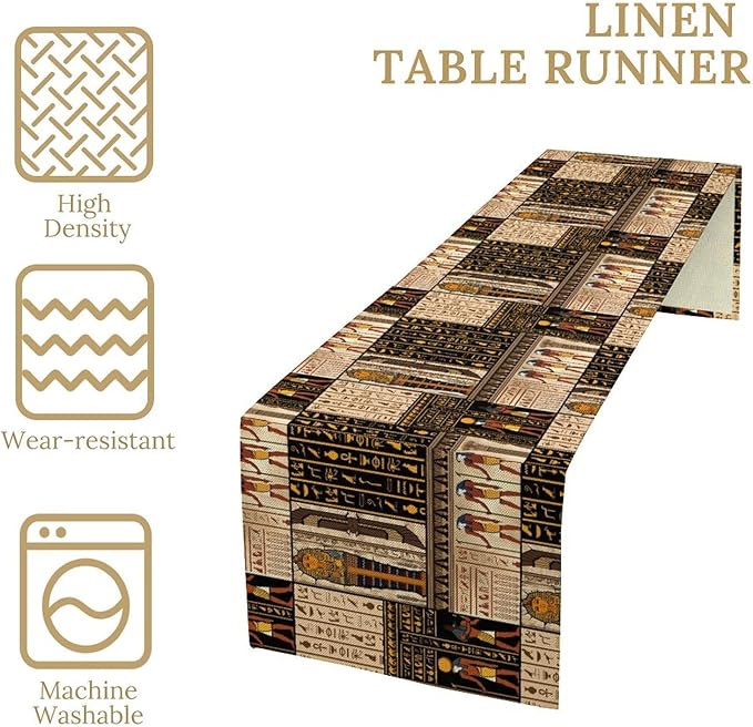 Ancient Egyptian Table Runner, Vintage Abstract Mystical Hieroglyphics Culture Table Runner for Dining Coffee Party Holiday Farmhouse 13x120in