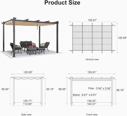 PURPLE LEAF Outdoor Retractable Pergola 11' X 13' Canopy Aluminum, Custom Shade - Image 7