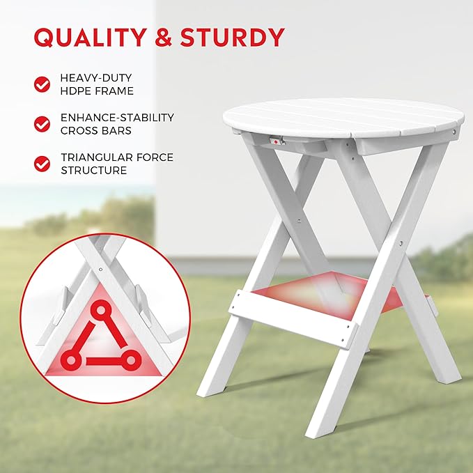 Costaelm Paradise HDPE Outdoor 24.5 Inch Round Portable Folding Patio Dining Table, White
