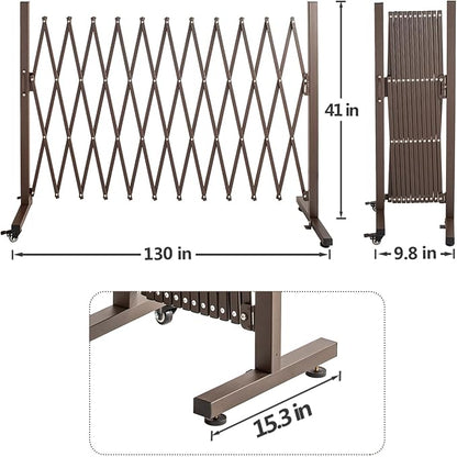 TECSPACE Aluminum Expandable Garden Fence, Portable Barricade Gate with Casters, Adjustable Retractable Fence Mobile Barricade Safety Barrier (Brown, 130×15×41 inch)