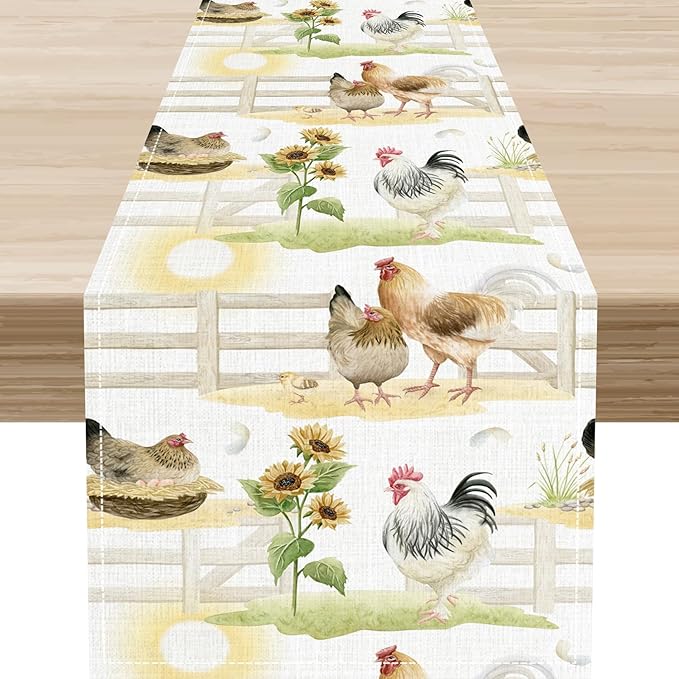 Farmhouse Rooster Table Runner, Sunflower Rooster Retro Farmhouse Sun Country Wooden Fence Chicken Coffee Table Center Decor for Home Kitchen Dining Patio Holiday Party Table Decorations 13"x36"