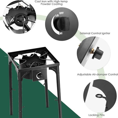 Goplus Outdoor Camping Stove, Single Burner Propane Gas Cooker w/Detachable Legs & 0-20 PSI Regulator & CSA Approval for Camp Patio RV, Cast Iron, 100,000-BTU