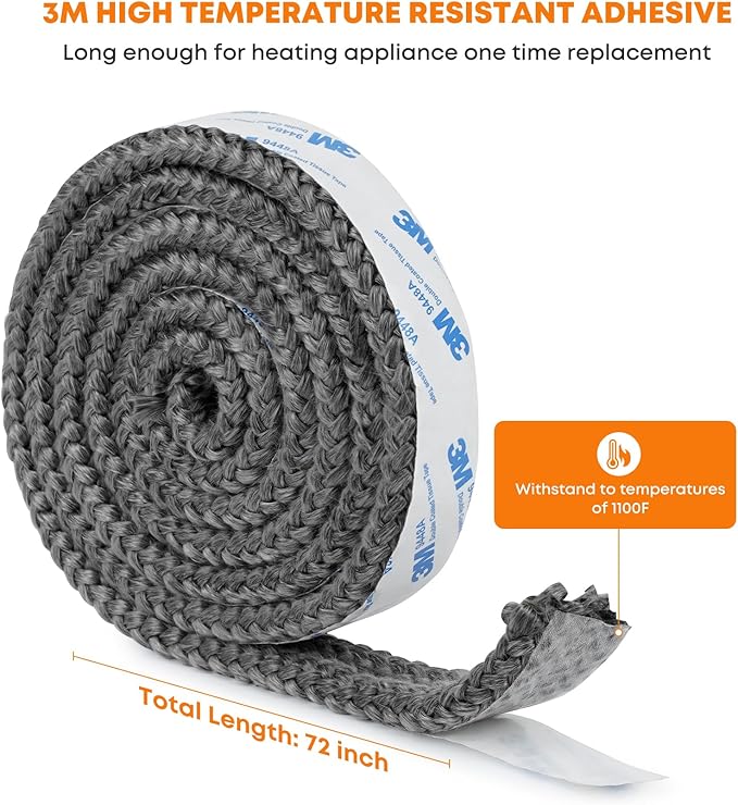 Stanbroil Stove Gasket Tape, 5/8" Width, 1/8" Thick, 72" Length - Self Adhesive Flat Gasket for Stoves and Fireplaces, High Temperature Fiberglass Tape