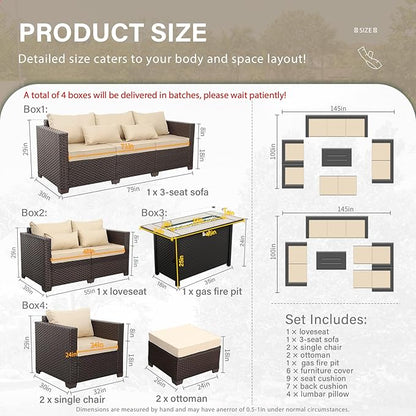 7 PCS Patio Furniture Set Outdoor Patio Furniture with 45-Inch Propane Fire Pit Table Outdoor Couch Patio Chairs Outdoor Conversation Set with Non-Slip Cushions Waterproof Covers, Khaki