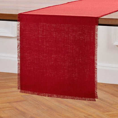 Solino Home Fringe Linen Table Runner 60 Inches - 100% Pure Linen Cherry Red Table Runner 14 x 60 Inch Ideal for Dresser and Coffee Tables - Valentines