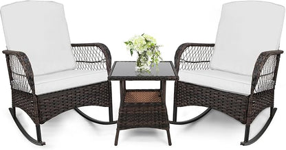 3pcs Modern PE Wicker Outdoor Rocking Chairs & Glass Table Set by Enjoyyourlife