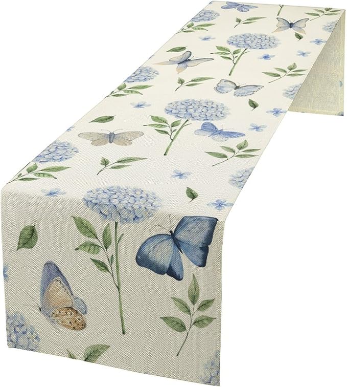 Hydrangea Butterfly Table Runner, Seasonal Spring Summer Table Runner for Holiday Kitchen Dining Home Party Outdoor 13x120in