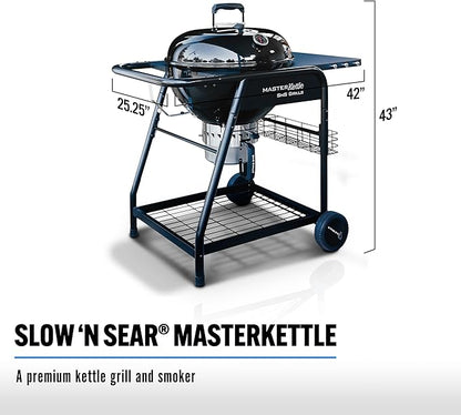 SnS Grills MasterKettle Charcoal Grill and Smoker with Patented Slow ‘N Sear Deluxe Insert, EasySpin Grate for Two-Zone Cooking and Integrated Table, Low ‘N Slow Smoking and BBQing - Black 22-Inch