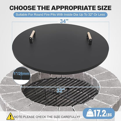 Fire Pit Lid Cover Round - 34" Rust Resistant Powder Coated Steel Firepit Cover or Table with 2 Wooden Handles for Patio Fire Pit, Weatherproof for All Seasons, Fits Fire Pits Up to 32"