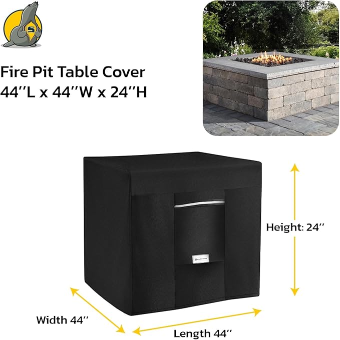 Seal Skin Covers Outdoor Fire Pit Cover – Square 44"L X 44"W X 24”H, Heavy Duty Waterproof Fabric with PVC Coating, Windproof, Tear & Weather Resistant Fire Table Cover for Patio, Black