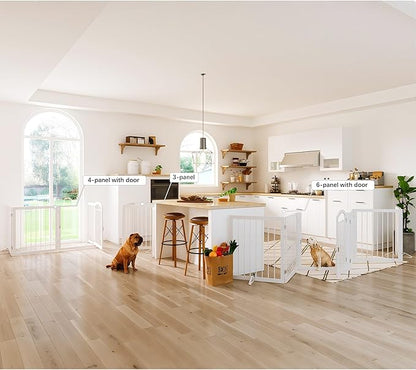 JSB 192-inch Extra Wide 30-inch Tall Dog gate with Door Walk Through,Full Matel Freestanding Round Tube Pet Gate for Halls Stairs, Puppy Safety Dog Fence with 4PCS Support Feet (White)