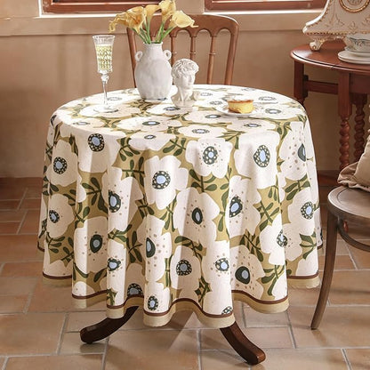 Designer Vintage Round Tablecloth,Linen French Tablecloth with White Floral Pattern,Decorative Table Cover for Kitchen,Dining,Thanksgiving,Tea Party,Diameter 67"-Hidaka