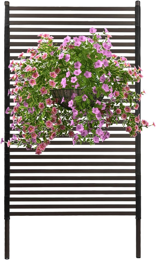 Outdoor Privacy Screens Freestanding, 35.5" W x 71" H Metal Slatted Decorative Privacy Screen and Panels with Stand, Brown Backyard Panels for Garden Patio