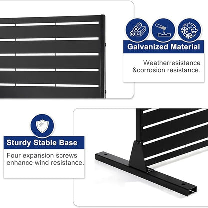 FENCY Metal Privacy Screen with Stand 72" H×44" W Outdoor Freestanding Privacy Panels, Outdoor Privacy Screen for Deck Patio Balcony(Black-Louvered)