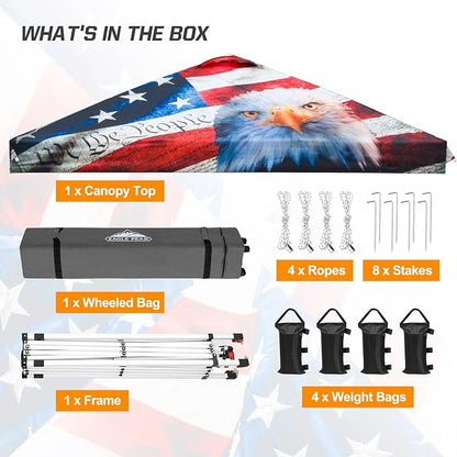 EAGLE PEAK Pop Up Canopy Tent with Wheeled Carry Bag, 8 Stakes, 4 Ropes, 4 Weight Bags, Easy Set Up Tent Canopy, 10x10 ft, 100sqft of Shade, American Icon
