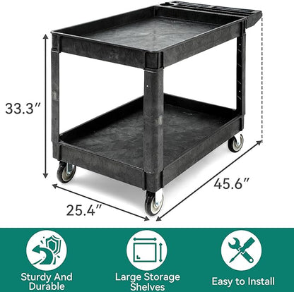 YITAHOME Utility Cart on Wheels, 550 lbs Capacity, 45 x 25 Inch Rolling Work Carts with Wheels, 2 Shelf Heavy Duty Plastic Service Cart Suitable for Warehouse, Garage, School & Office, Cleaning, Black