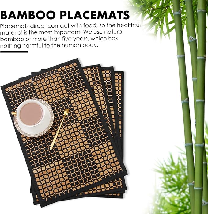 Placemats Set of 6 for Dining Table, Bamboo Place Mats for Kitchen Table Decor, Table Mats Heat Resistant & Non-Slip for Indoor/Outdoor Party, Table Placemats Set of 6 for Dinner Table Black