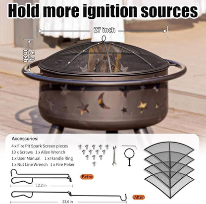 Fire Pit Spark Screen, 27Inch Fire Pit Lid Outdoor with Handle & Poker, Heavy-Duty Mesh Firepit Cove with 12 Reinforced Bars for Backyard/Beach/RV Camping