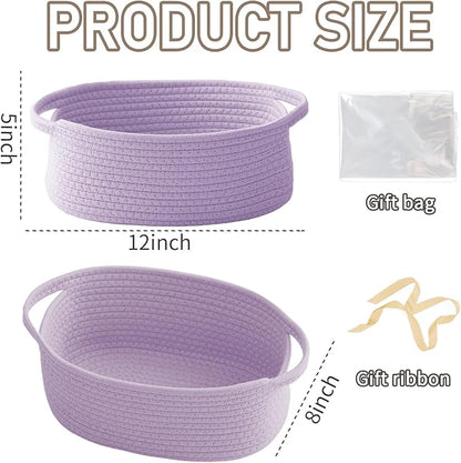 Woven Basket,Small Rope Storage Bin with Handles & Ribbon Bag, Organizer for Shelves Closets,Gift Basket Empty for Birthday,Books,Dog Toys, Purple/2 Pack