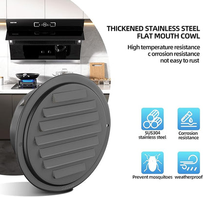 6inch 304 Stainless Steel Air Vents, Louvered Grille Cover Vent Hood Flat Ducting Ventilation Air Vent Wall Air Outlet with Fly Screen Mesh for House (6 inch Black Paint Cover （150mm）)