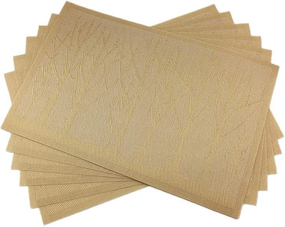 Gugrida Place Mats PVC Set of 6, Table Placemats Set of 6 PVC Washable Woven Vinyl Place Mats Heat Insulation Top Meal Mat Table Mats Natural Color (6 pcs, Gold Tree), 18 x 12 inch
