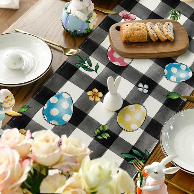 Artoid Mode Buffalo Plaid Bunny Egg Flowers Happy Easter Table Runner, Seasonal Spring Kitchen Dining Table Decor for Home Party Decor 13x120 Inch