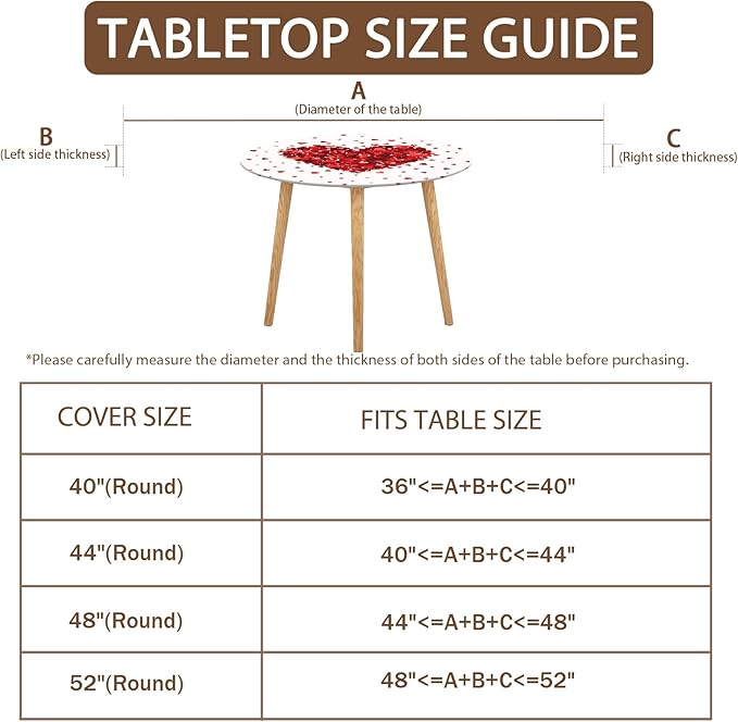 Valentines Day Round Fitted Tablecloth with Elastic Red Love Heart Circle Table Cloth for 36-40" Tables Wipeable Waterproof Washable Valentine Decorative Table Cover for Picnic Dining Party Decor