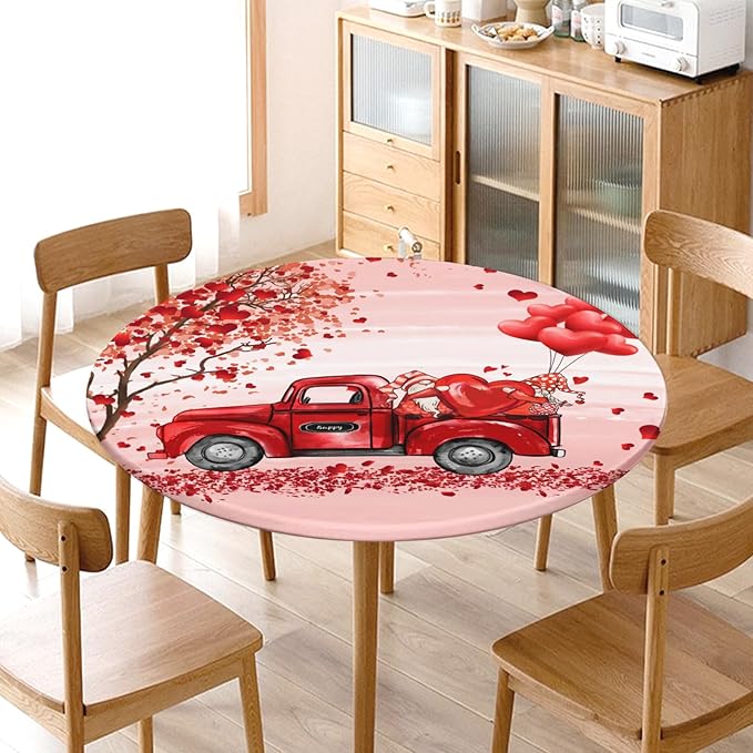 Valentines Day Round Fitted Tablecloth with Elastic Pink Red Heart Circle Table Cloth for 40-44" Round Tables Wipeable Waterproof Washable Gnome Truck Valentine Table Cover for Dining Picnic Party