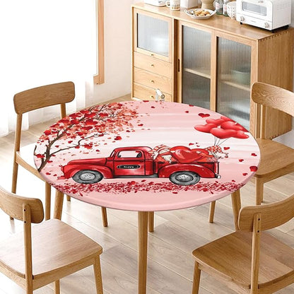 Valentines Day Round Fitted Tablecloth with Elastic Pink Red Heart Circle Table Cloth for 40-44" Round Tables Wipeable Waterproof Washable Gnome Truck Valentine Table Cover for Dining Picnic Party