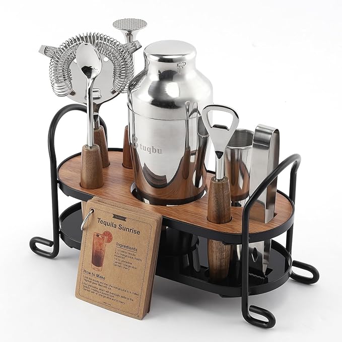 Cocktail Shaker Set with Stand, Mixology Bartender Kit for Drink Mixing | Mixology Set with 7 Bar Set Tools Cocktail Kit