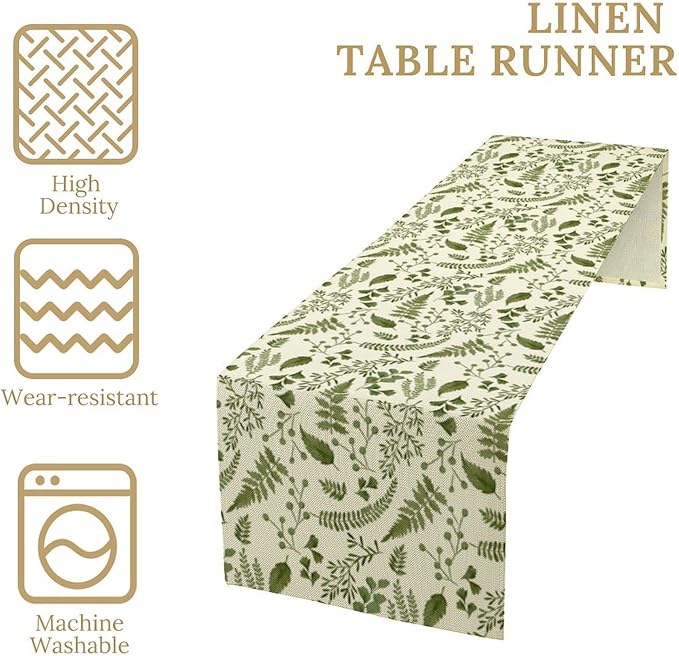 Green Leaves Table Runner,Spring Summer Herbs Botanical Natural Plants Print Table Runner for Kitchen Dining Table Farmhouse Home Party Decor 13x60in