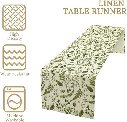 Green Leaves Table Runner,Spring Summer Herbs Botanical Natural Plants Print Table Runner for Kitchen Dining Table Farmhouse Home Party Decor 13x70in