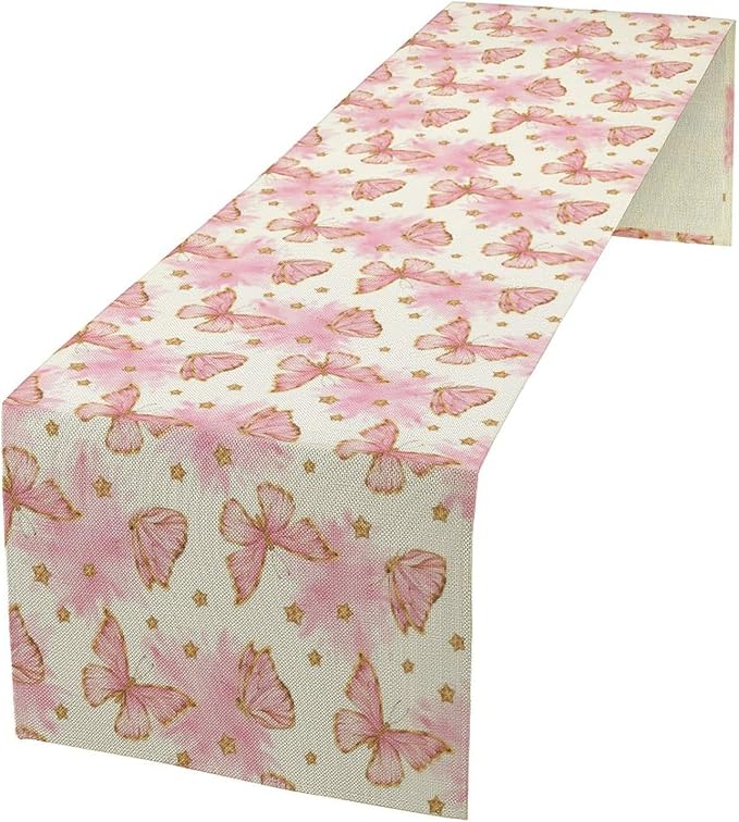 Watercolor Butterfly Table Runner, Cute Pink Butterfly Spring Modern Aesthetics Print Table Runner for Holiday Kitchen Dining Outdoor Home Party 13x90in
