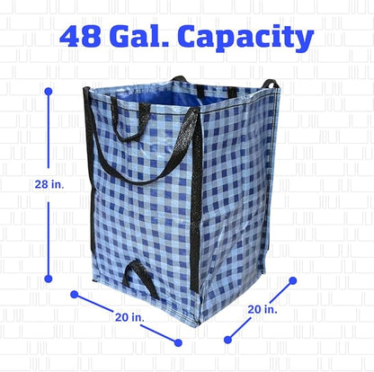 DURASACK Heavy Duty Home and Yard Bags 48-Gallon Reusable Self-Standing Lawn and Leaf Bags Garbage Can with Reinforced Handles, Gingham Blue, 3 Pack
