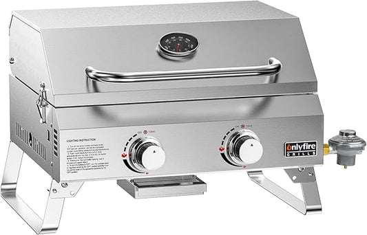 Tabletop Gas Grill 2 Burners, 20" Portable Propane Grill with Foldable Legs for Outdoor Patio Backyard Camping Tailgating RV Trip Beach, Stainless Steel Gas Stove 16000BTU, GS322