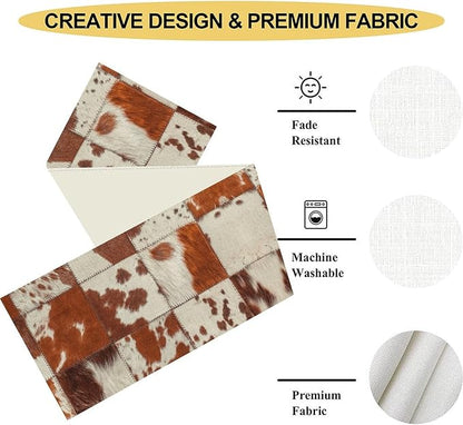 Cow Print Table Runner, Brown Cowhide Print Collage Fur Western Style Table Runner Country Farmhouse Cottage Cow Pattern Linen Table Decoration for Home Kitchen Dining 13x90