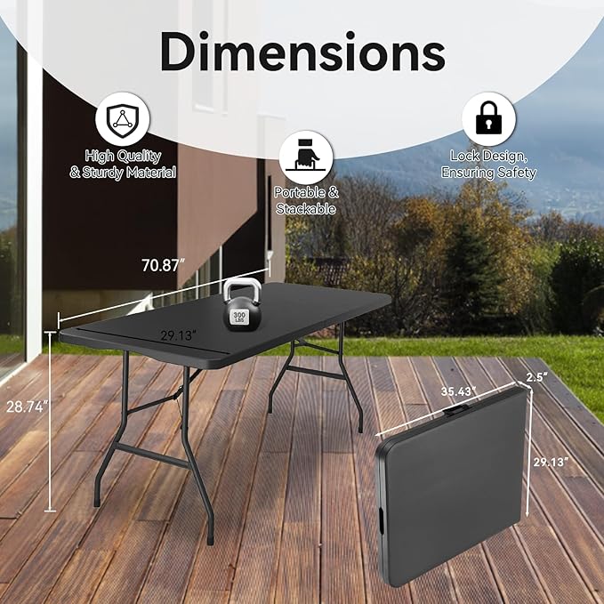 5 Pack of 6 Foot Foldable Table with Built in Handle & Steel Legs ,Heavy Duty Portable ,Perfect for Party, Dining, Wedding, Events, Picnic Indoor, Outdoor, Camping, Utility, Folding(Black-5pac)